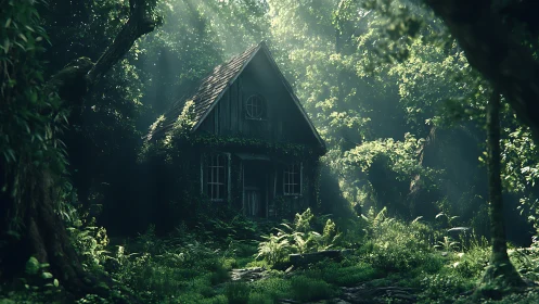 Overgrown dwelling structure surrounded by dense forest vegetation.