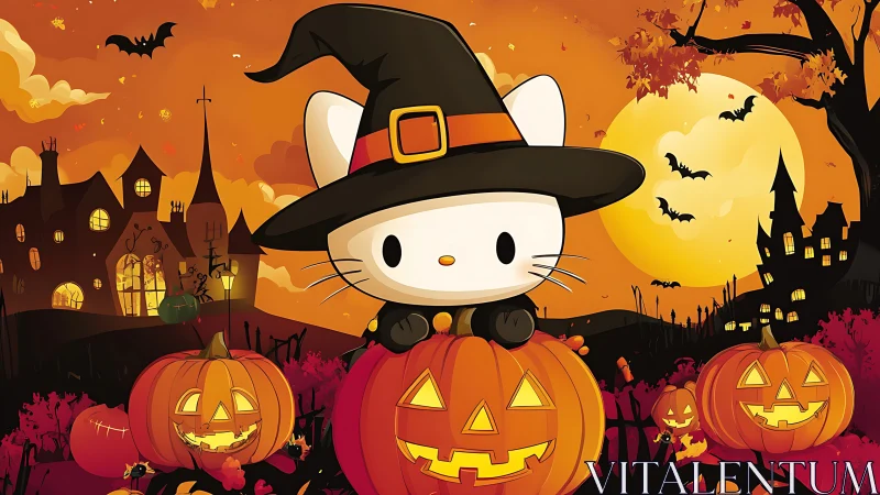 Anthropomorphic character in witch attire with Halloween scenery.