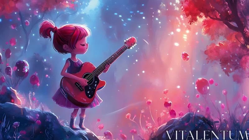 Young guitarist in bioluminescent forest rendered in vibrant hues