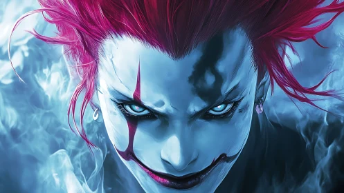 Digital painting of demonic clown portrait in icy blue palette.