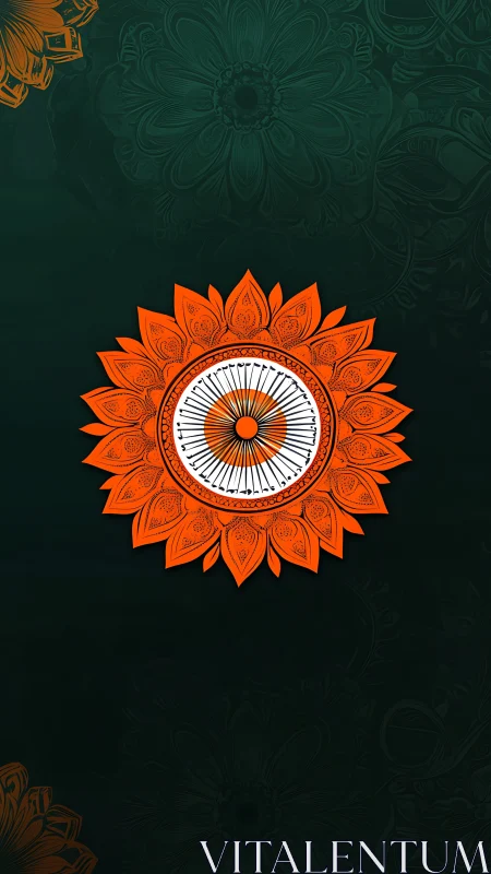 Radial mandala emblem with Ashoka wheel over dark gradient