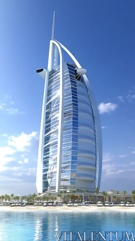 Sail-shaped coastal skyscraper with glass and steel facade.