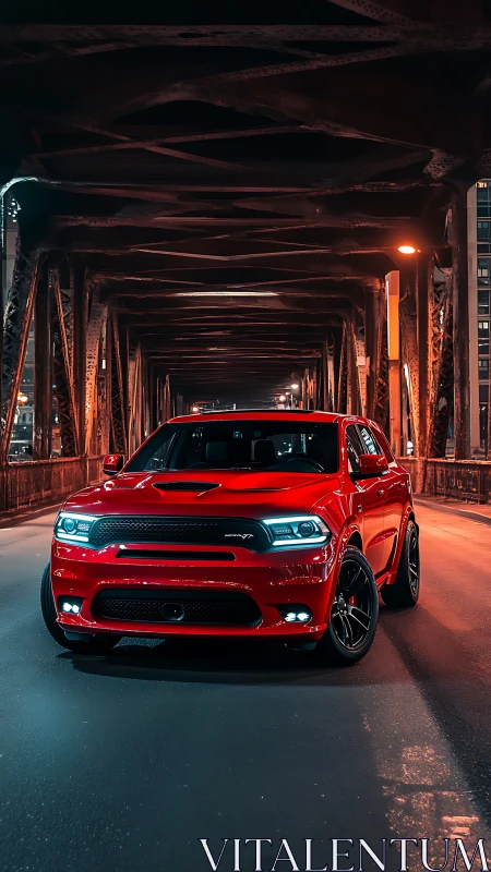 Red performance SUV dominates moody urban steel bridge night