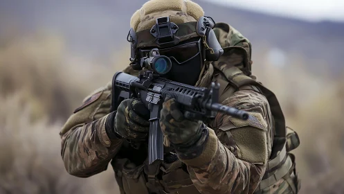 Tactical operator aims carbine with optic on blurred desert terrain