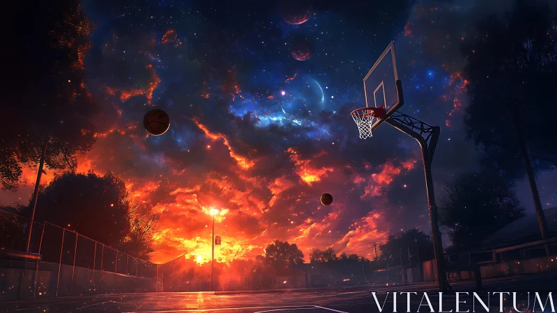 Cosmic twilight basketball court merges nebular sky with urban hardware