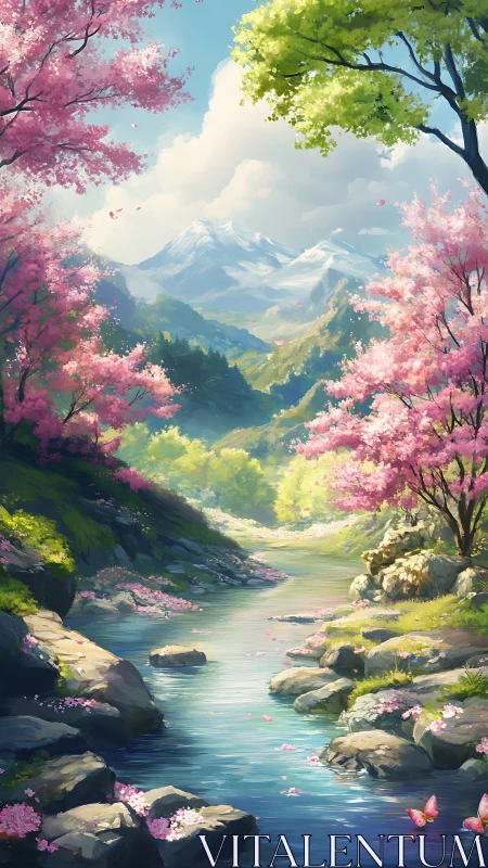 Landscape scene shows river, flowering trees and distant mountains
