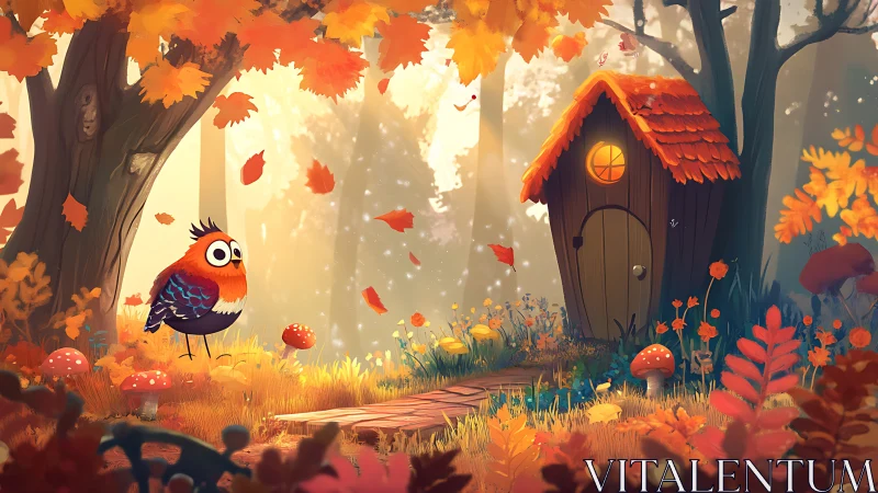 Whimsical autumn forest scene with bird and tiny house.