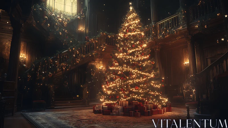 Illuminated Christmas tree occupies grand hall interior space