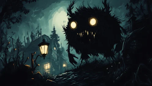 Large glowing eyed shadow monster over dark forest path.