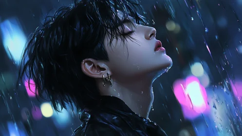 Androgynous youth in neon rain rendered with cinematic realism