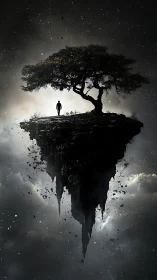 Solitary figure beneath cosmic tree on drifting island.