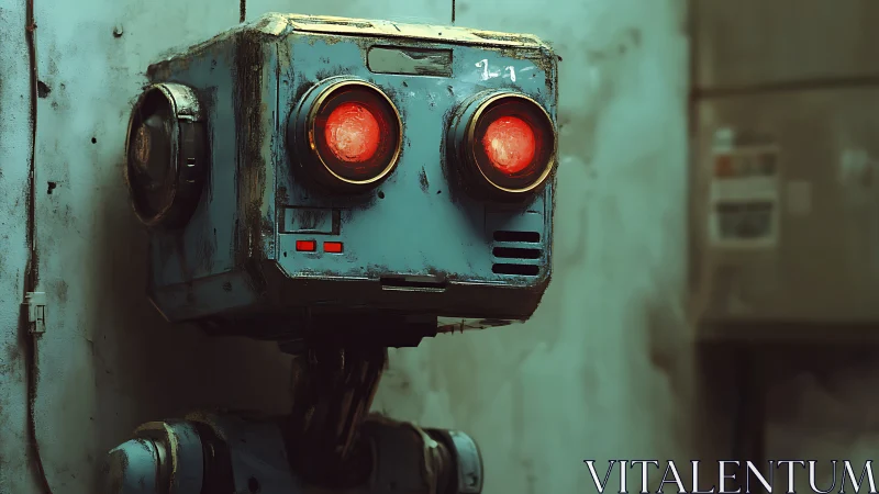 Rusty blue robot gazes ahead in a moody industrial alley