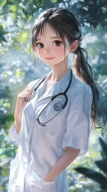 Young clinician in white coat rendered with soft rim lighting outdoors