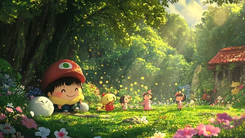 Children and creature figures in sunlit forest clearing scene.