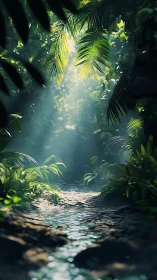 Luminous Jungle Portal: Where Dappled Sunbeams Kiss the Sacred Stream.