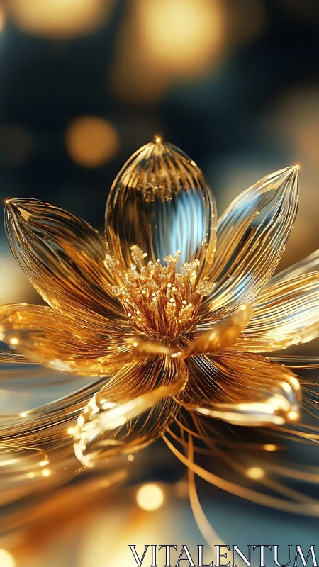Luminous golden glass flower blooms in shimmering bokeh light
