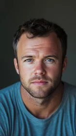 Portrait captures contemplative man with intense blue eyes