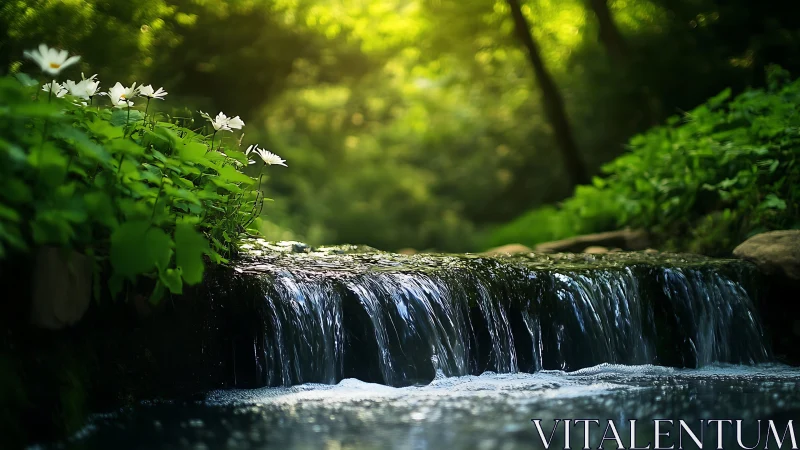 Tranquil forest stream with wildflowers in soft natural light.