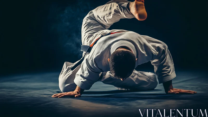 Dynamic judo breakfall captured in mid-kinematic rotation.