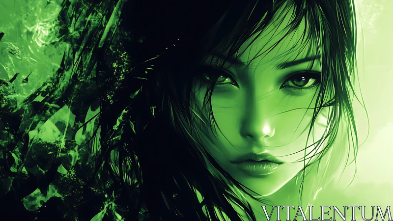 Monochrome emerald portrait of female face with abstract shards