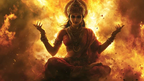 Divine fire goddess in radiant meditative ascendance.