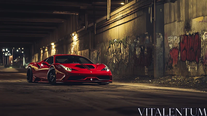 Red sports car parked in gritty urban tunnel at night.