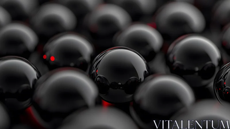 Midnight spheres gleam with ember-red whispers of light.