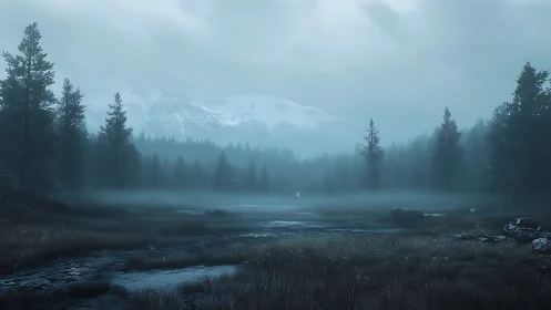 Mist-drifted valley cradling brooding pines and pale mountains.