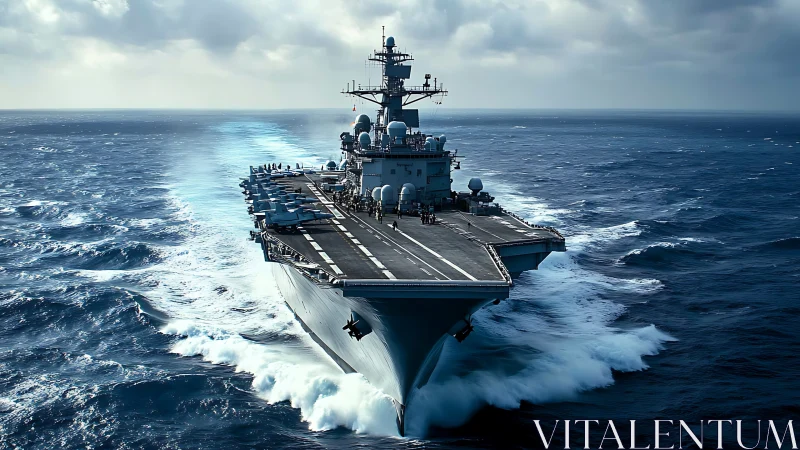 Powerful aircraft carrier cuts through stormy open ocean