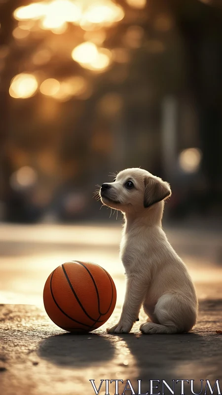 Sunlit puppy pauses courtside with its bright orange ball.