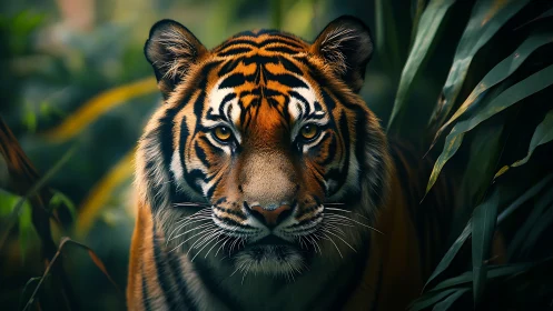 Tiger in dense foliage with frontal gaze and clear markings.