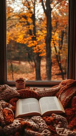 Open book rests on knitted blanket before autumn window