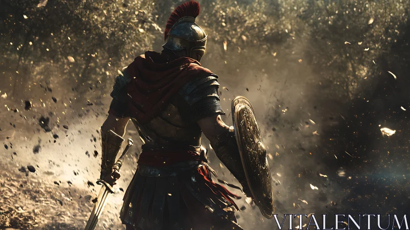 Armored hoplite advances through debris in cinematic backlight