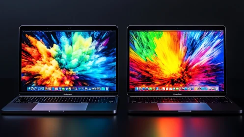 Twin neon laptops ignite side‑by‑side technicolor galaxies.