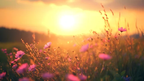 Wildflowers occupy foreground under low-angle backlit sun