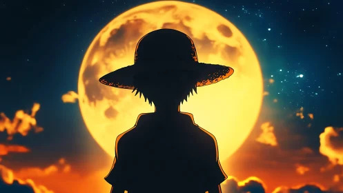 Silhouetted straw-hatted figure against oversized lunar disc.
