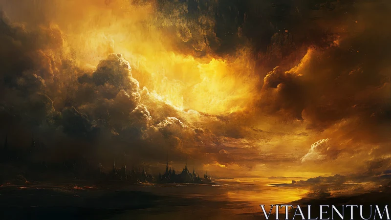Burning sky engulfs a distant fantasy shoreline at dusk.