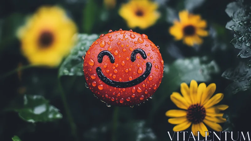 Red smiling face ball with raindrops stands among yellow flowers