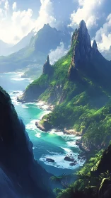 Dramatic Coastal Cliffs with Verdant Vegetation and Turquoise Waters.
