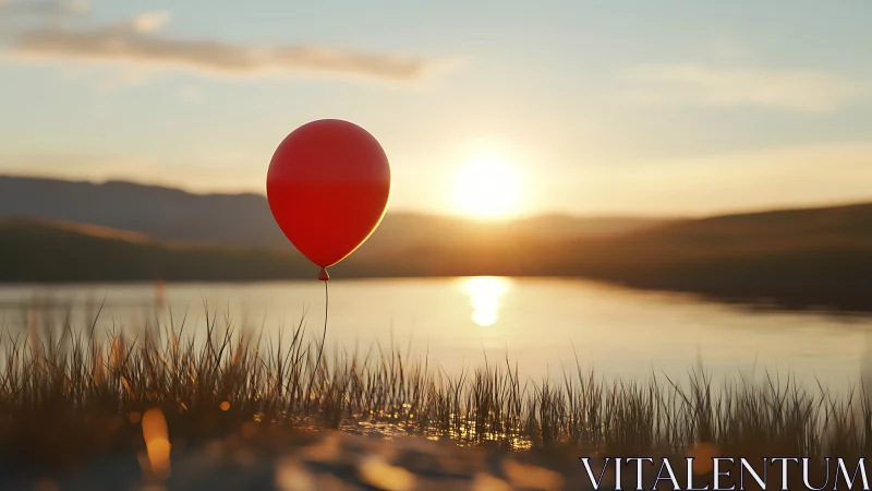 Red balloon with subsurface shading over backlit lakeshore grass
