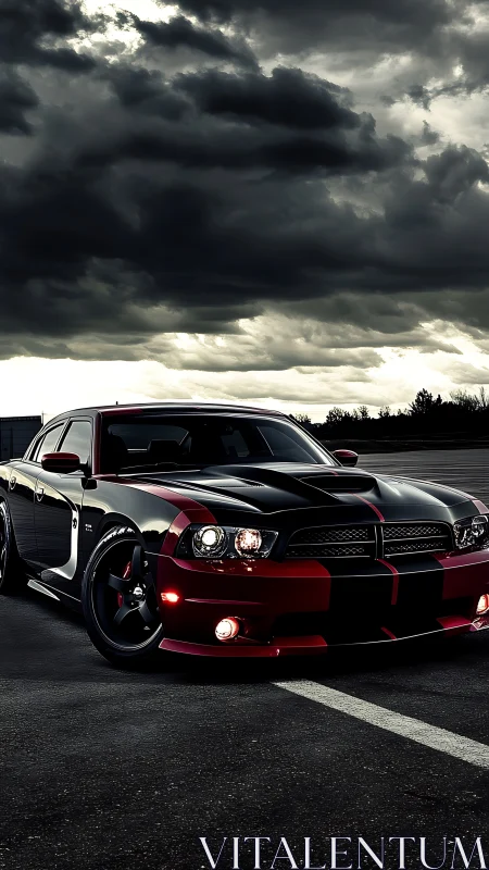Black and red muscle car under heavy storm clouds.