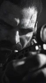 Tactical sniper locks scope with intense monochrome focus.