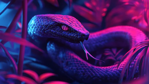 Bioluminescent neon viper coiled in synthetic jungle glow