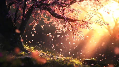 Backlit cherry blossom tree with drifting petals at sunset