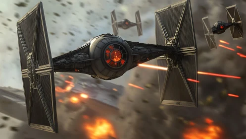 Starfighter squadron storms smoky battlefield in attack run.