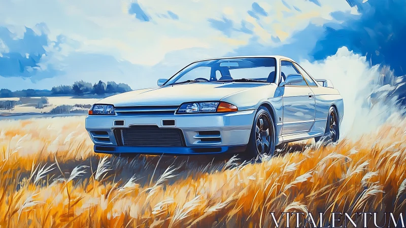 Skyline R32 sports coupe in expressive golden field tableau.