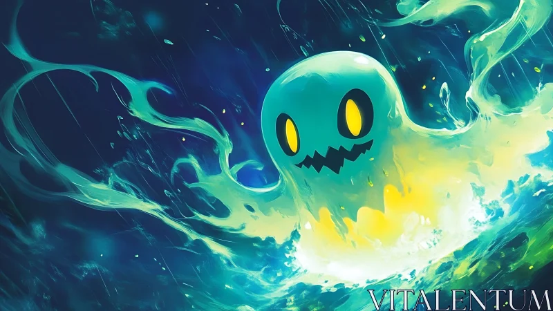 Neon ghostly spirit erupts from glowing liquid vortex.