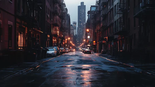 Rain-soaked city street at dusk with glowing tower lights.