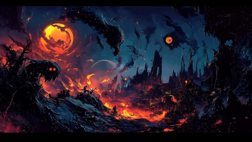 Fiery underworld landscape glows beneath eerie burning moons