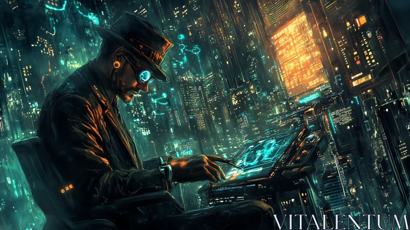 Hacker operates holographic interface in neon cyberpunk city